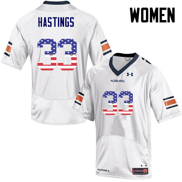Women #33 Will Hastings Auburn Tigers USA Flag Fashion College Football Jerseys-White - Click Image to Close
